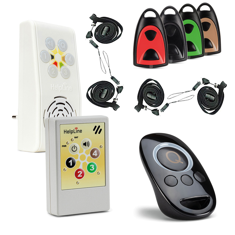 HELPLINE Kombi-Notrufsystem für Praxen mit 4 Funksendern, Steckdosen-und mobilem Empfänger und Quittierungssender