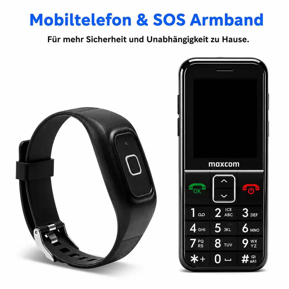 MAXCOM Seniorenhandy mit Notrufarmband HELPLINE Edition und Armband