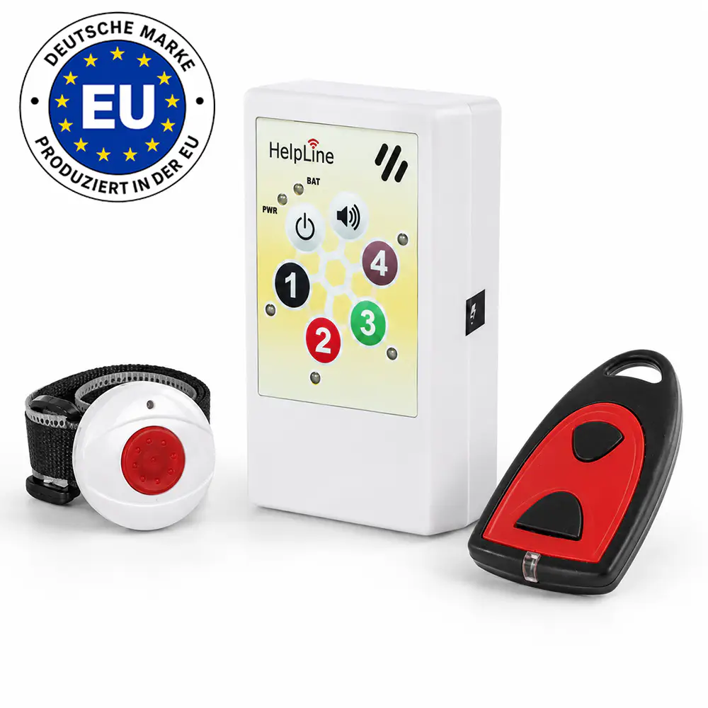 HELPLINE Hausnotruf-Set Mobil für Zwei mit Mini-Empfänger, Armband- und Umhängesender